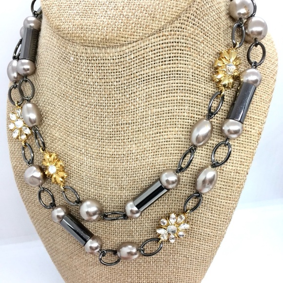 LIA SOPHIA LONG NECKLACE WITH GOLD RHINESTONE PEARL STATIONS GUNMETAL 36” LONG - Picture 7 of 12